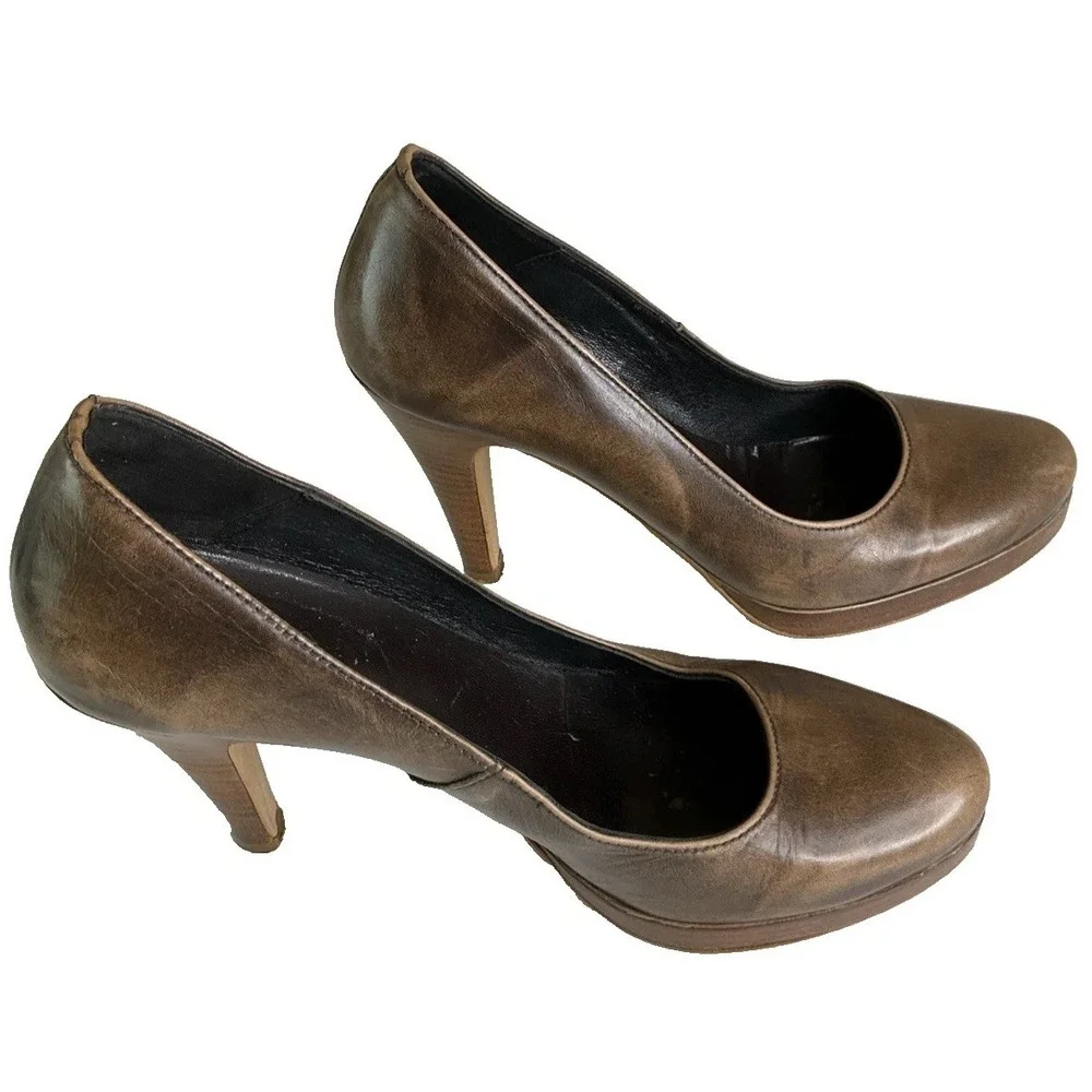 Jonak Paris Brown Leather Round Toe Block Platform Chunky Heels Retro Y2K 39 / 8
